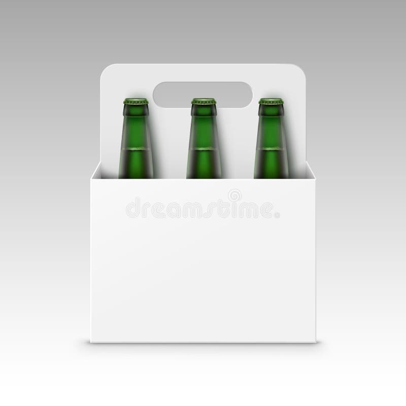 Closed Blank Glass Transparent Green Bottles of Light Beer with Packaging for Branding Close up on White Background