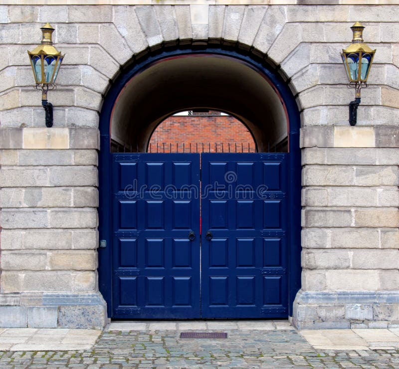 Closed Blue Gate on an Old Building Entrance Stock Image - Image of