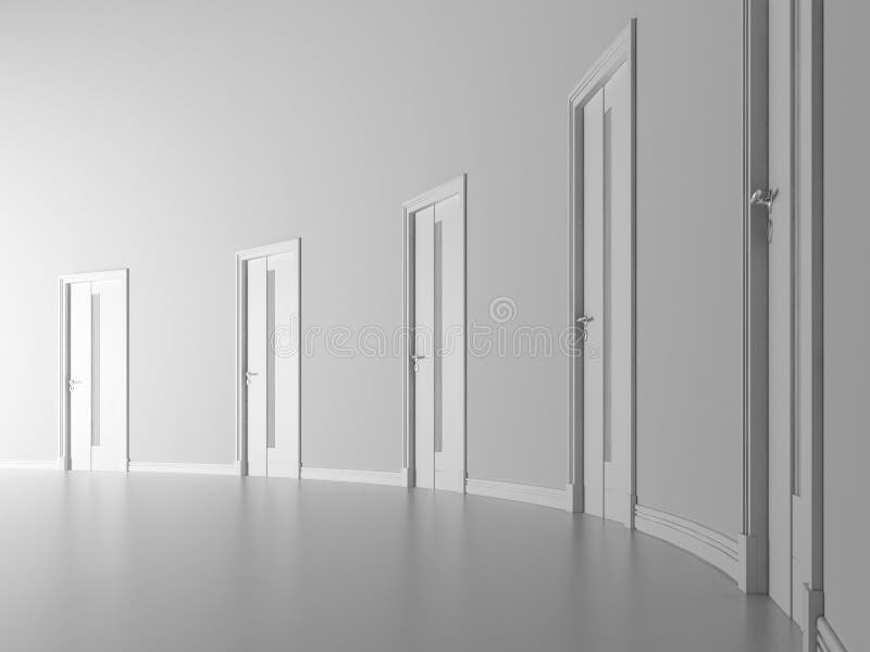 Closed doors in white room royalty free illustration Closed doors in white room royalty free illustration