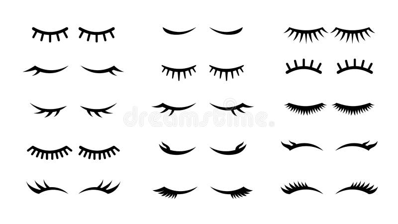 Closed girl eyes and eyelashes. Various closed eye with beautiful black eyelashes, mascara beauty face makeup line