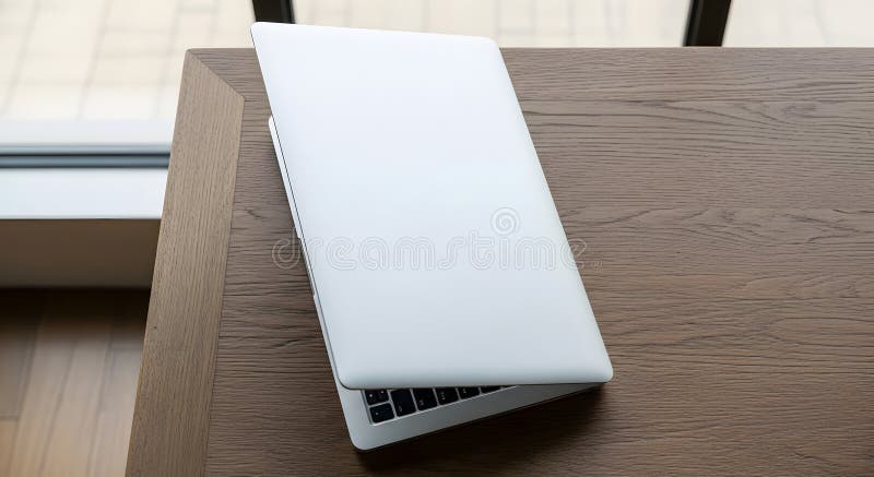 AI Generate. The image depicts a closed laptop resting on a wooden table. The laptop is positioned at an angle, showing its side profile. The table has a natural wood grain pattern, and the background is blurred, focusing attention on the laptop and table. Laptop side angle illustrations