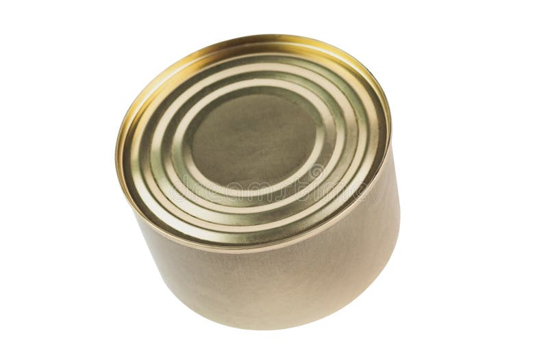 Closed metal can with canned food, fish, grain or meat isolated on white background