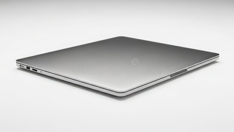 A minimalist studio shot of a closed silver laptop computer. The device is positioned at an angle on a plain white surface, with its sleek, metallic casing reflecting the light. The focus is on the clean lines and modern design of the laptop, with ports visible on the side. Laptop side angle illustrations