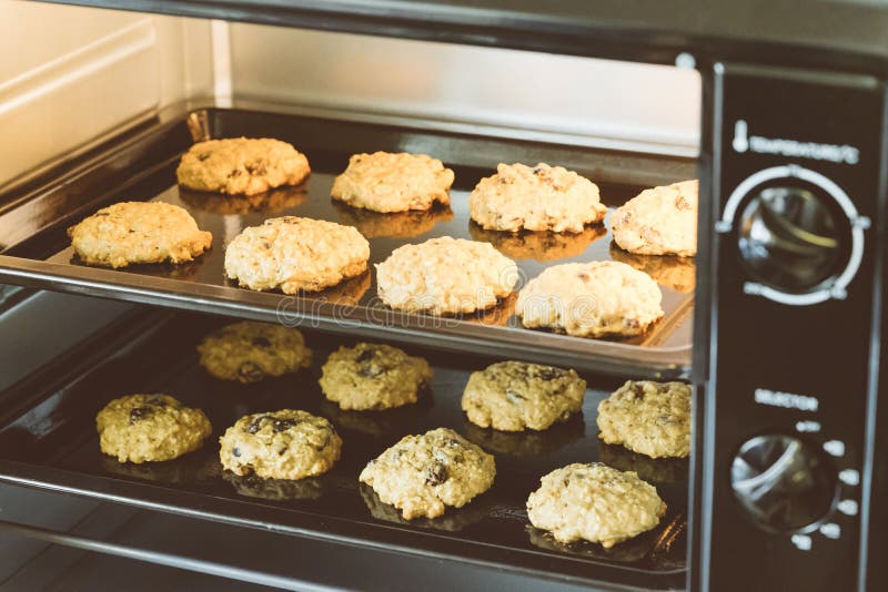 Closed up of hot baking oatmeal raisin cookies on black plate pan in the oven, using raisin and oat for main ingredient