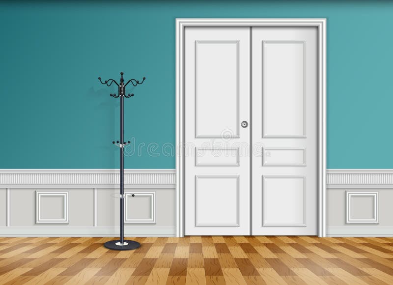 Closed white door with lantern and wooden parquet floor stock illustration Closed white door with lantern and wooden parquet floor stock illustration