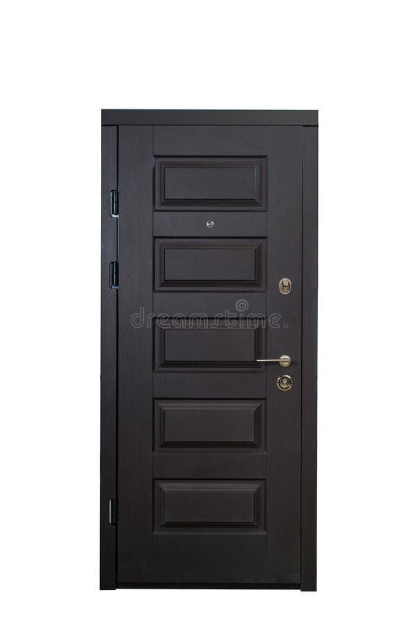 Closed wooden armored door isolated at white background. Image of a closed door. Entrance to apartment. Brown wood veneer front do stock images Closed wooden armored door isolated at white background. Image of a closed door. Entrance to apartment. Brown wood veneer front do stock images
