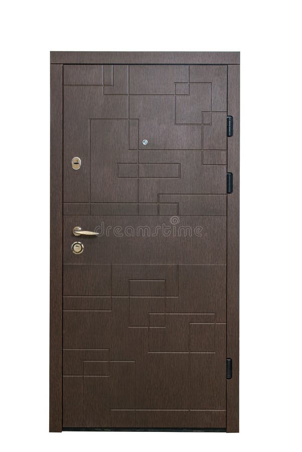 Closed armored door isolated at white background. Image of a closed door. Entrance to apartment. Brown wood veneer front door for royalty free stock photo Closed armored door isolated at white background. Image of a closed door. Entrance to apartment. Brown wood veneer front door for royalty free stock photo
