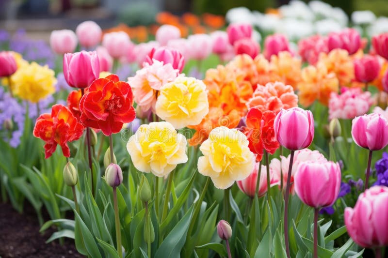 Closely grown field of multicolored tulips, created with generative ai AI generated