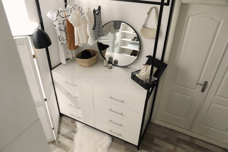 Closet Interior with Storage Rack for Clothes and Accessories Stock