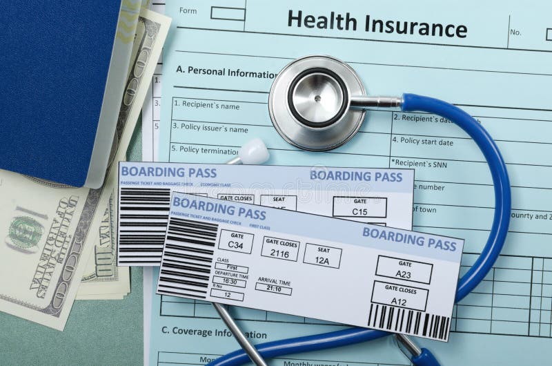 Closeup Of Airplane Tickets, Stethoscope, Cash, Passport, Health Insurance Police.Concept Of ...