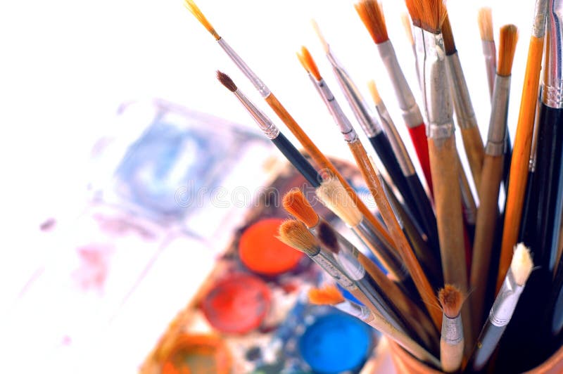 Closeup of artist&x27;s watercolor paintbox