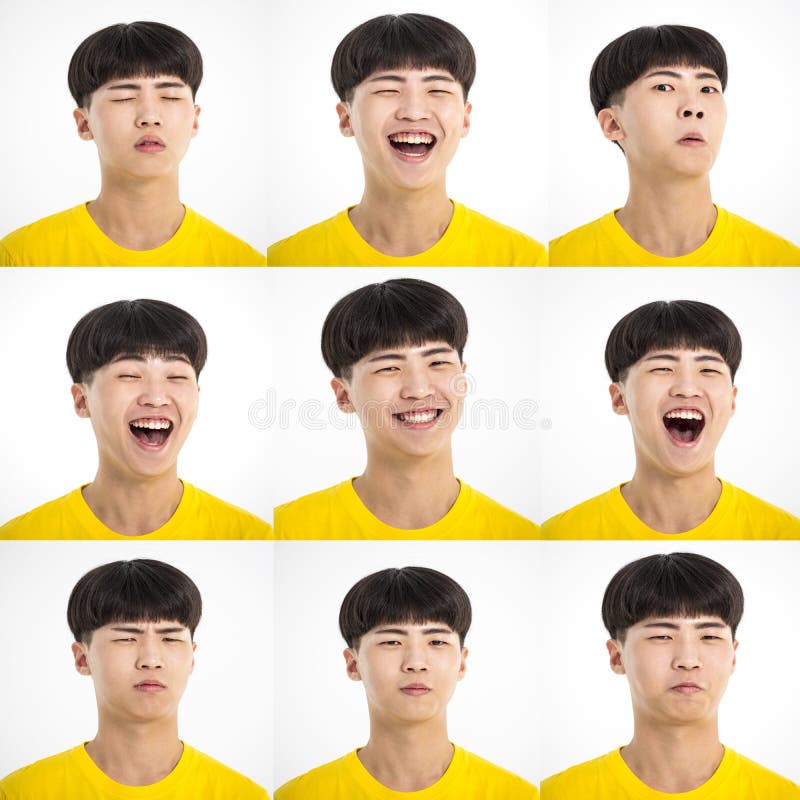 Closeup asian teenager boy with different facial expression face set.