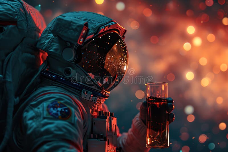 Closeup astronaut in a spacesuit and helmet drinks a glass of wine in space with bright blurred background vector illustration