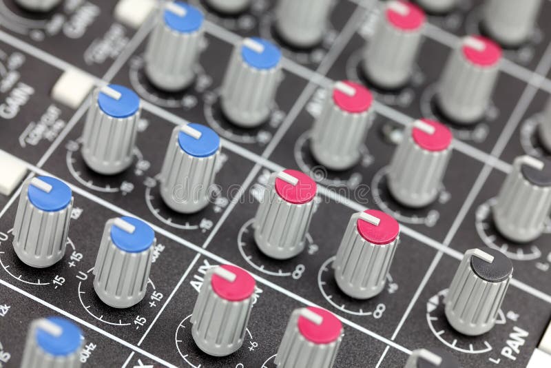 Closeup of audio mixing console