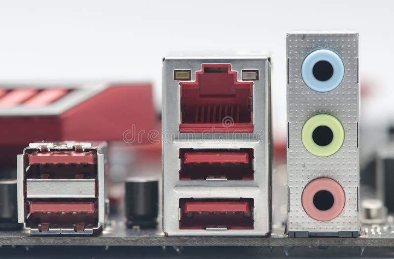 Closeup Back IO Panel Connectors Computer Motherboard Stock Photo
