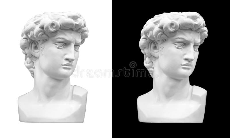 Closeup of beautiful sculpture, gypsum bust of a Michelangelo's David  over a white and black background, with clipping path. Closeup of beautiful sculpture, gypsum bust of a Michelangelo's David  over a white and black background, with clipping path