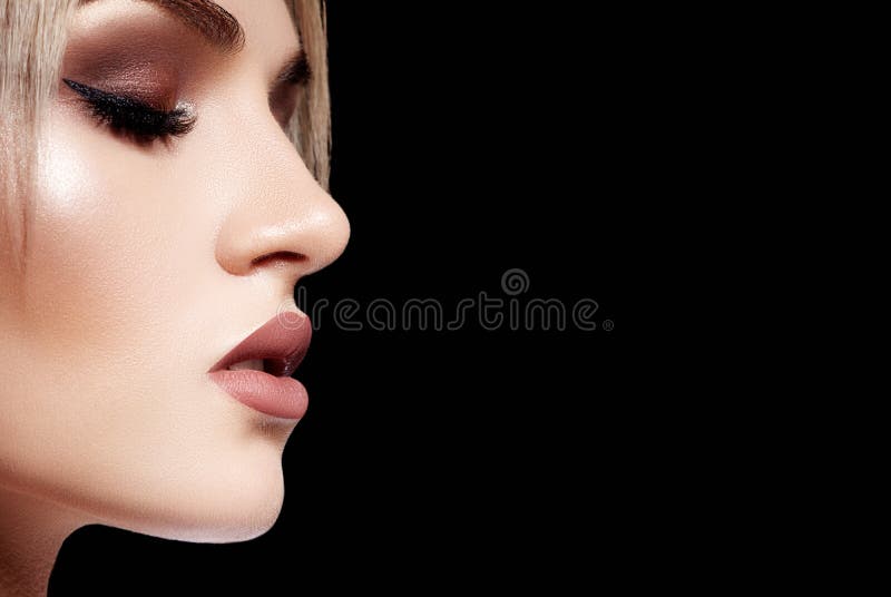 Beautiful Woman Face on Black Background with Copy Space. Fashion Makeup,  Shiny Skin. Evening Glamour Style Make-up Stock Image - Image of evening,  girl: 155052625