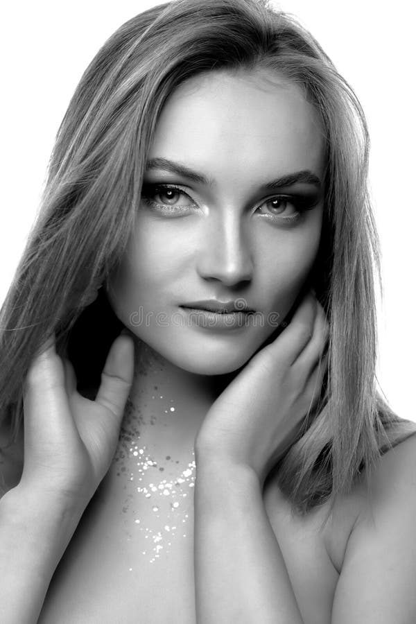 Closeup Beauty Shot With Gorgeous Blond Model Posing With Glitter On