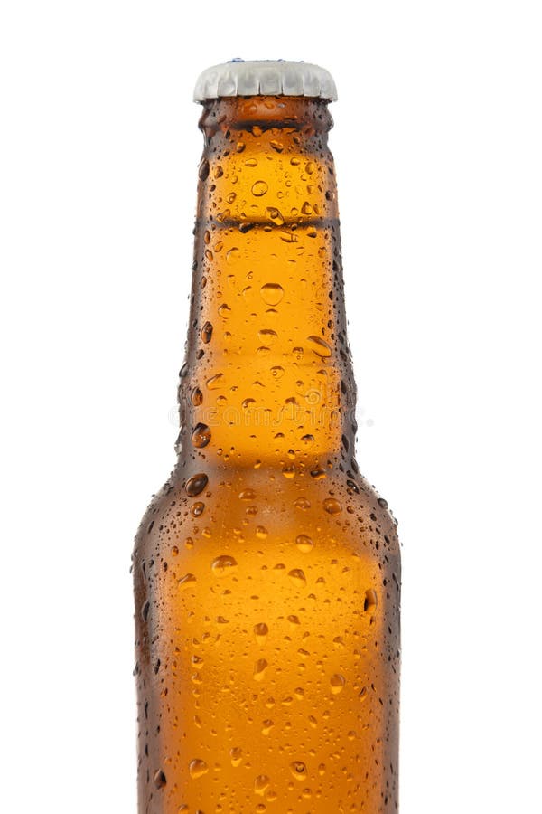 Closeup Beer Bottle with Water Drops Isolated on White Stock Photo