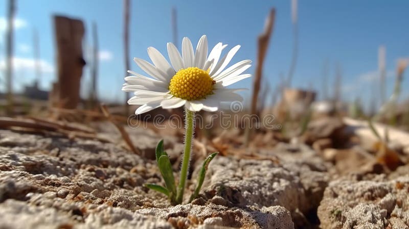 Closeup of a Big Daisy on a dry and cracked ground - stock illustration.