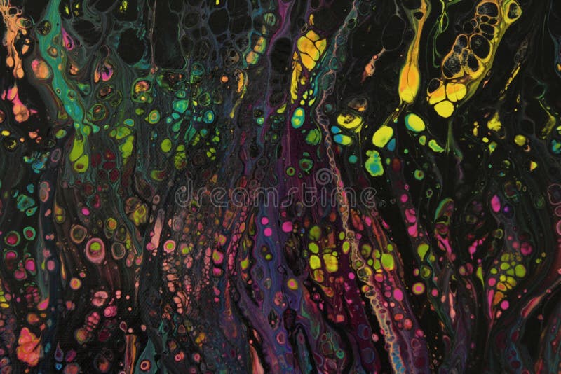 Closeup of a black acrylic swipe painting with numerous brightly colored cells.