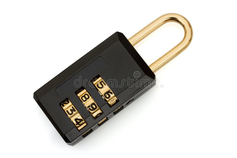 Closeup of a black and gold combination lock on white with copy-space. Closeup of a black and gold combination lock on white with copy-space