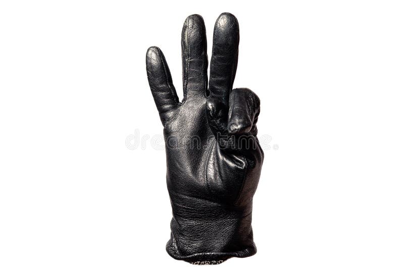 Close-up black leather glove, fingers showing number three. Isolated on white background. Concept symbols, signs, numbers