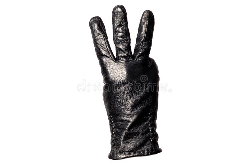 Close-up black leather glove, fingers showing number three. Isolated on white background. Concept symbols, signs, numbers