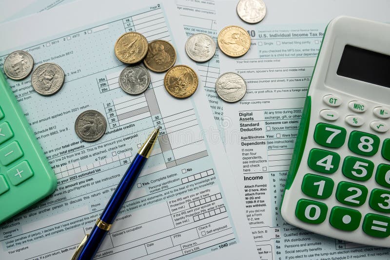 Closeup blank Tax return form 1040 with us coin cent royalty free stock photos