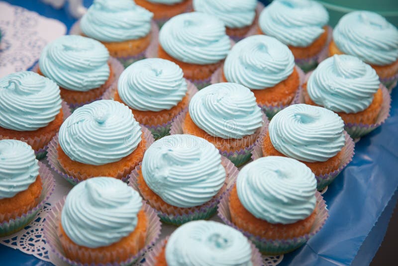 Closeup of blue cupcakes. Selective focus. Sweet dessert tasty food concept muffin baby shower treat. royalty free stock photos Closeup of blue cupcakes. Selective focus. Sweet dessert tasty food concept muffin baby shower treat. royalty free stock photos