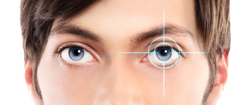 Closeup of blue eyes from a young man and laser hologram on her