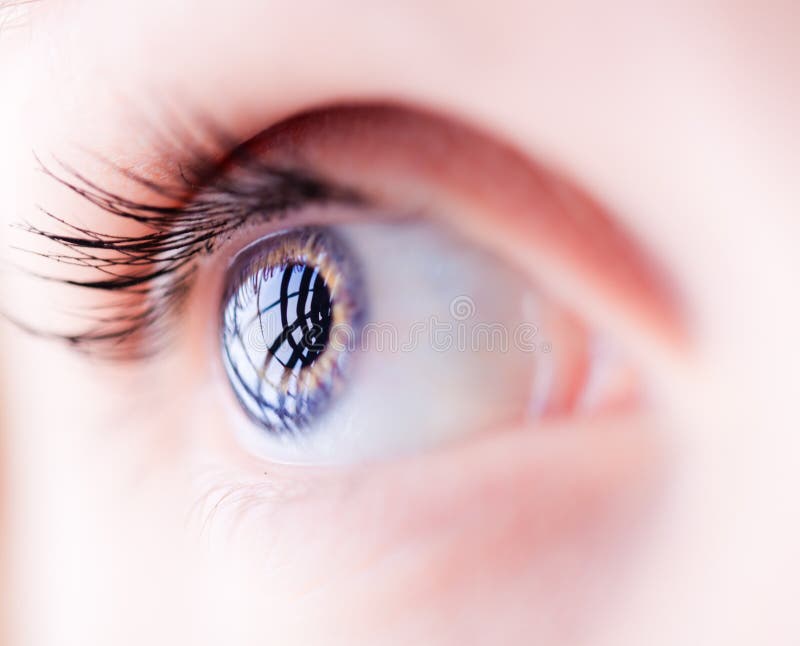 Closeup of a blue female eye stock images