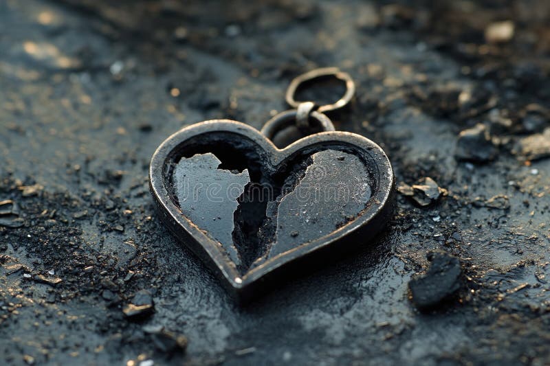 Closeup of Broken Heart Shaped Metal Pendant on Dark Cracked Ground Symbolizing Heartbreak and Loss stock illustration
