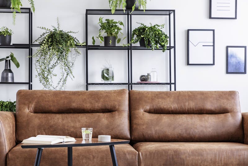 Closeup of brow leather sofa in luxury living room. Water, book and candle on the table next to it