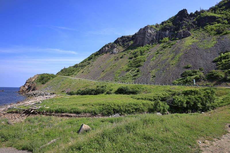 Cabot Trail Up Around A Large Oceanfront Mountain Side, Closeup stock image