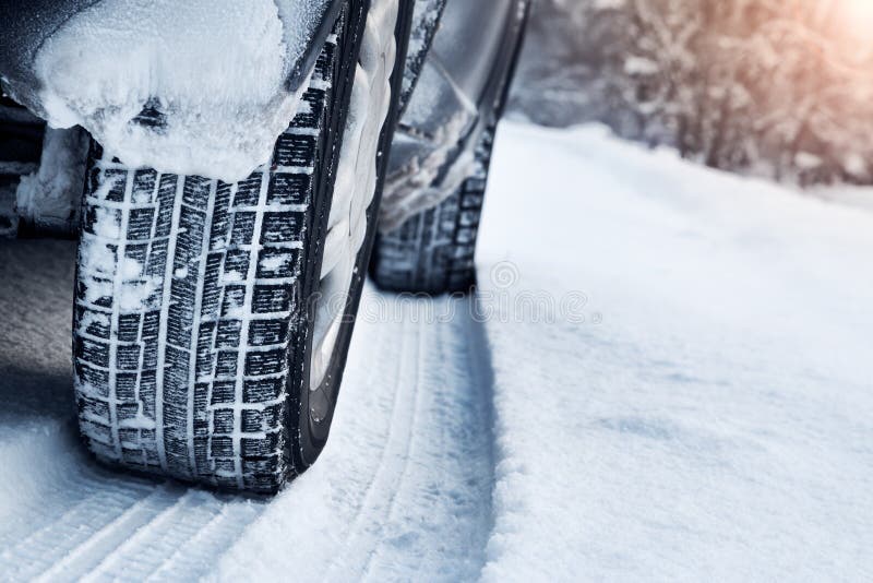 Closeup of car tires in winter