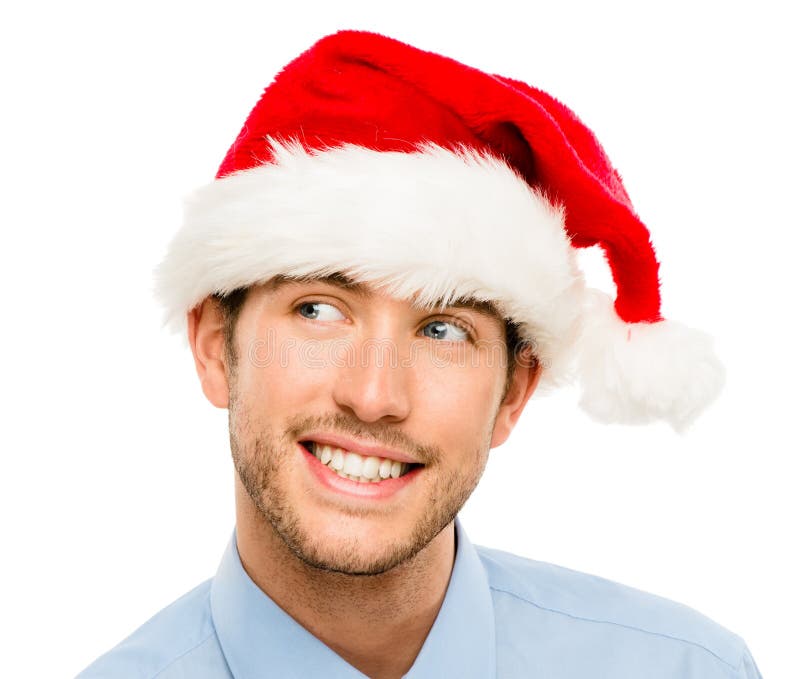 Closeup of caucasian man wearing christmas hat for santa isolate