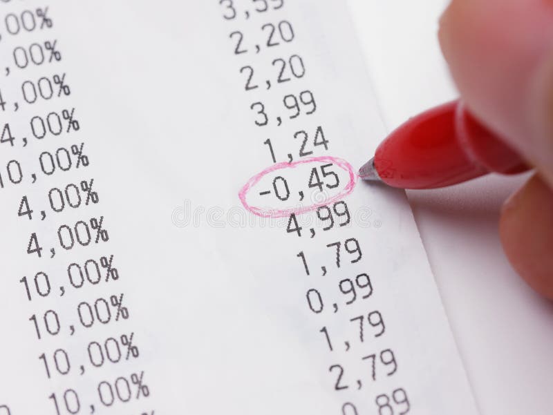 Closeup Check Shopping Bill Receipt Red Pen Encircle Negative Number