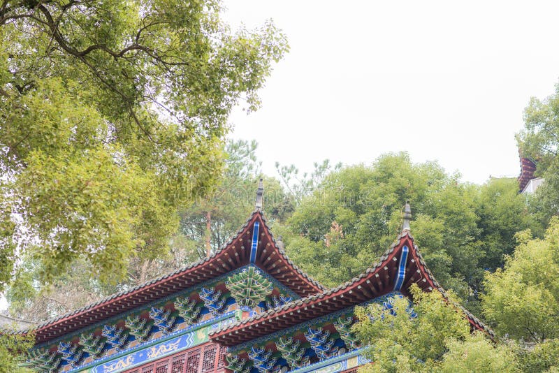 Closeup of Chinese temple eaves In the sky stock photo