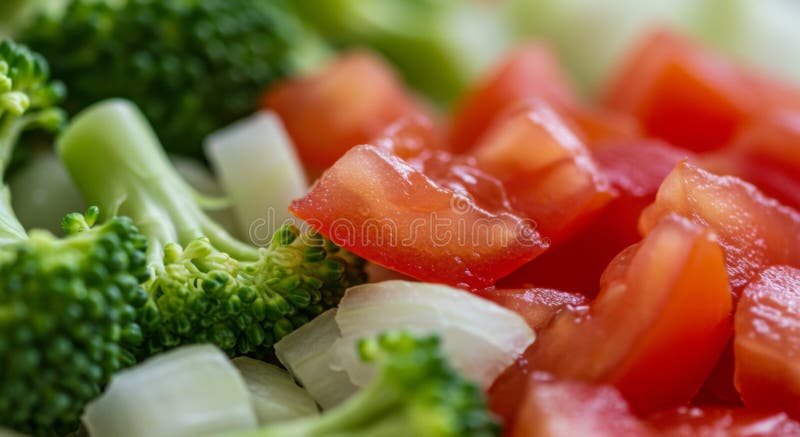 Closeup of Chopped Broccoli, Tomato, and Onion stock illustration