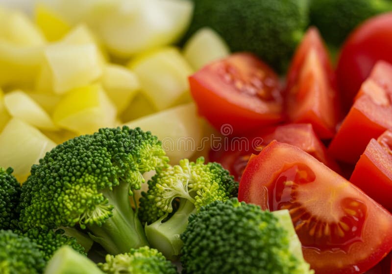 Closeup of Chopped Broccoli, Tomatoes, and Potatoes stock illustration