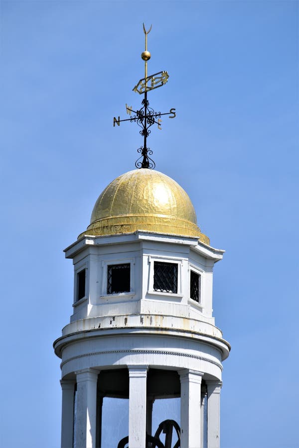 Church steeple with blue sky, Town of Concord, Middlesex County, Massachusetts, United States. Architecture. stock photo Church steeple with blue sky, Town of Concord, Middlesex County, Massachusetts, United States. Architecture. stock photo