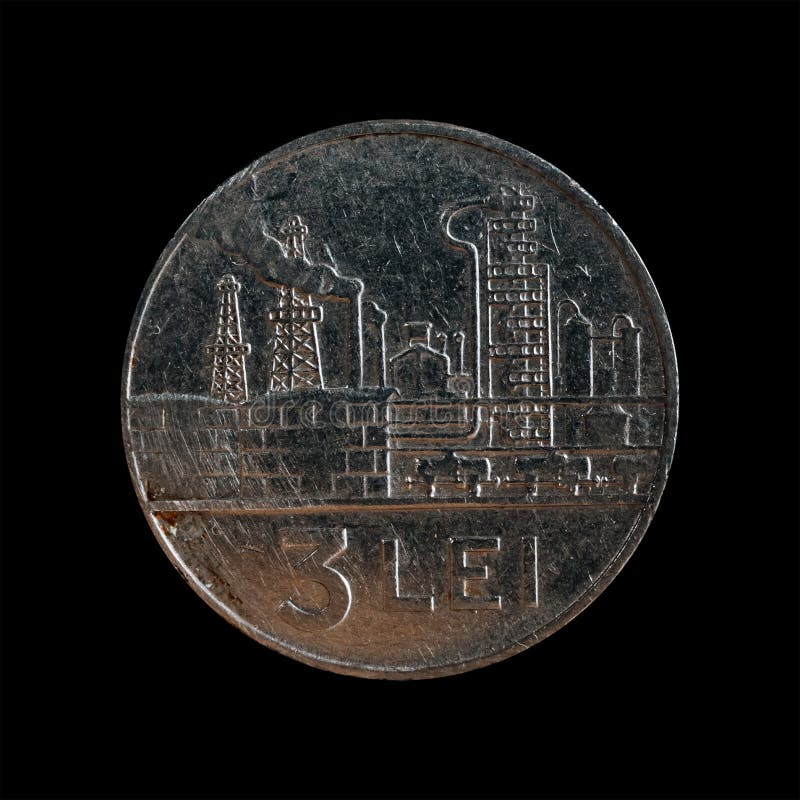 Closeup of Coin 3 Lei Mihai I Romania 1966 on the black background