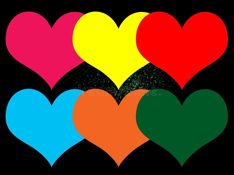 Closeup, Colorful heart shape isolated black background for design stock photo. illustration, vector, pink yellow red blue brown