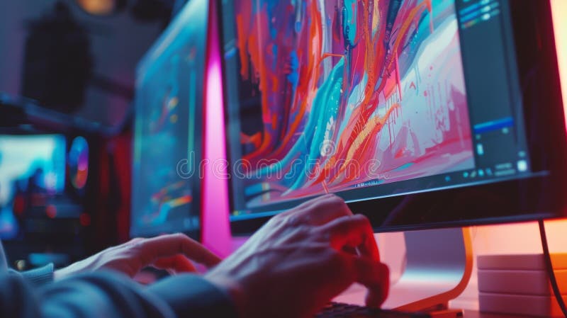 A closeup of a computer screen displaying a digital art creation with a users hands delicately clicking and dragging to royalty free stock images
