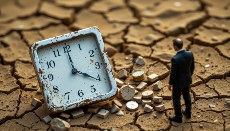 Closeup conceptual scene of broken clock on cracked ground, symbolizing time and loss. figure stands in contemplation royalty free illustration