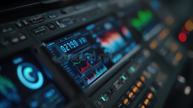 Closeup of a control panel displaying realtime data from a satellite bus printer including temperature material stock image