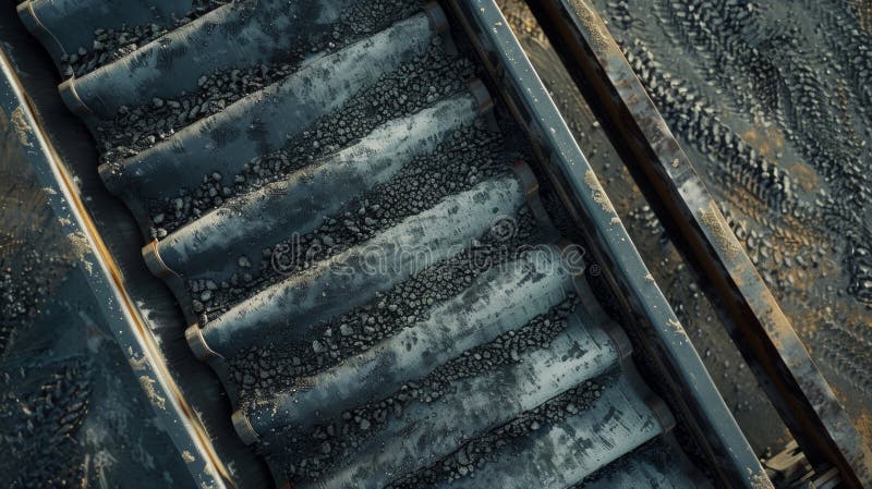 A closeup of the conveyor belt showing the gritty texture of the rubber and metal materials used to withstand heavy royalty free stock photo