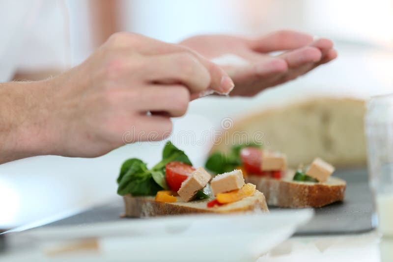 Closeup of Cooking Hands Preparing a Starter Stock Photo Image of