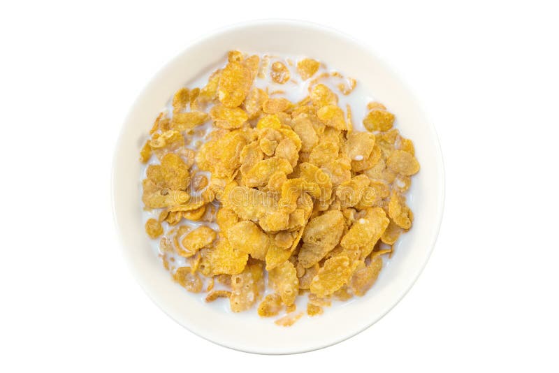 Closeup of Corn Flakes and Milk in a Bowl Viewed from Above Stock Photo